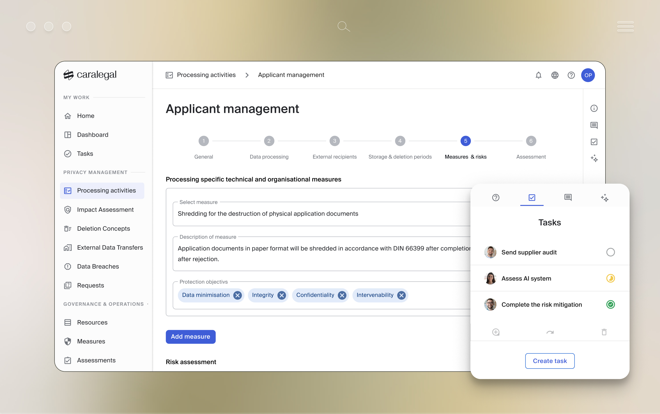 Workflow for applicant management with data protection management measures and tasks from caralegal