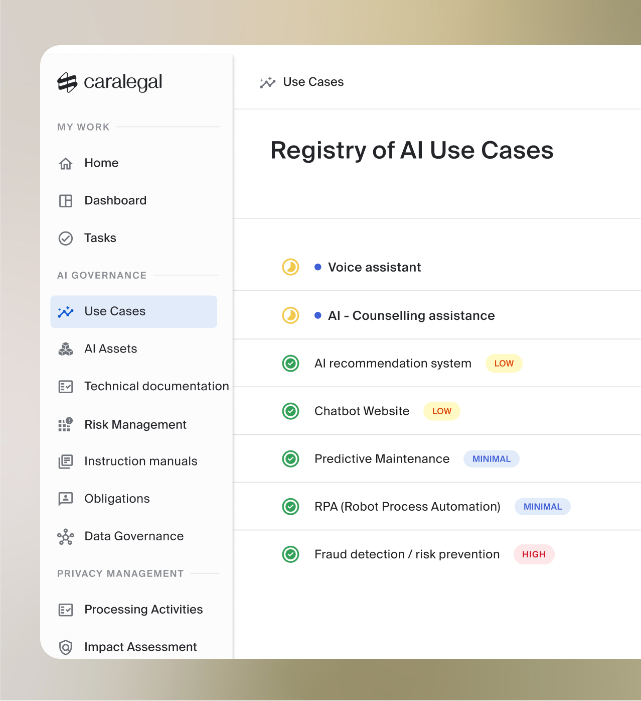 caralegal registry of AI use cases with risk classification