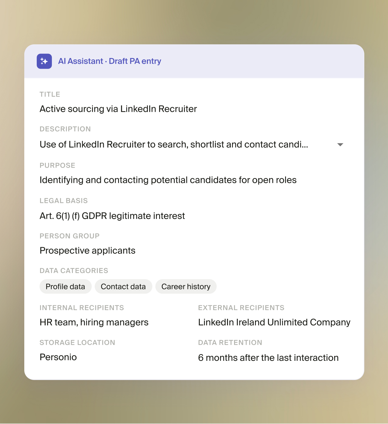 caralegal AI assistant drafts a processing activity entry