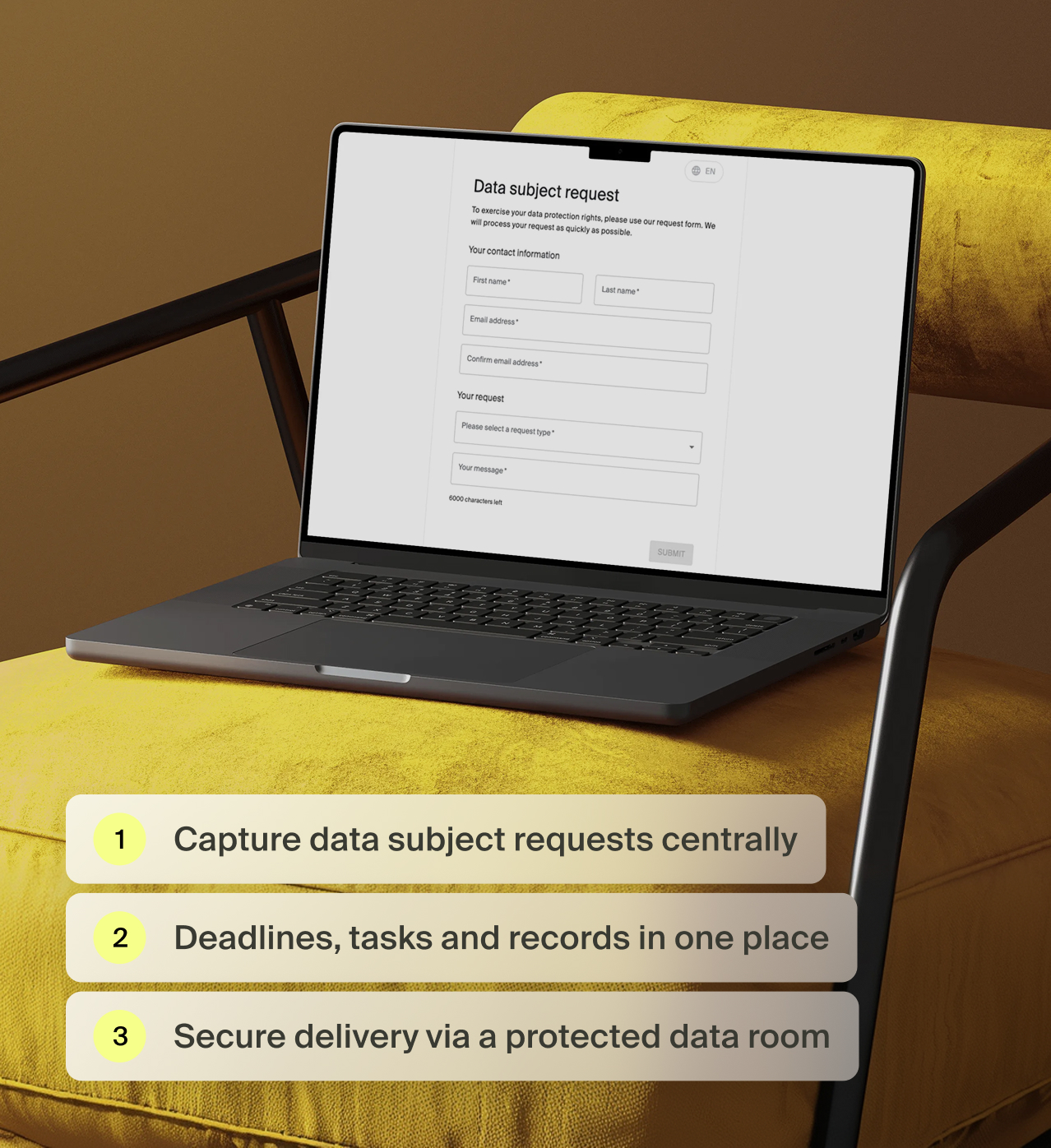 Data subject requests captured centrally and delivered via a protected data room