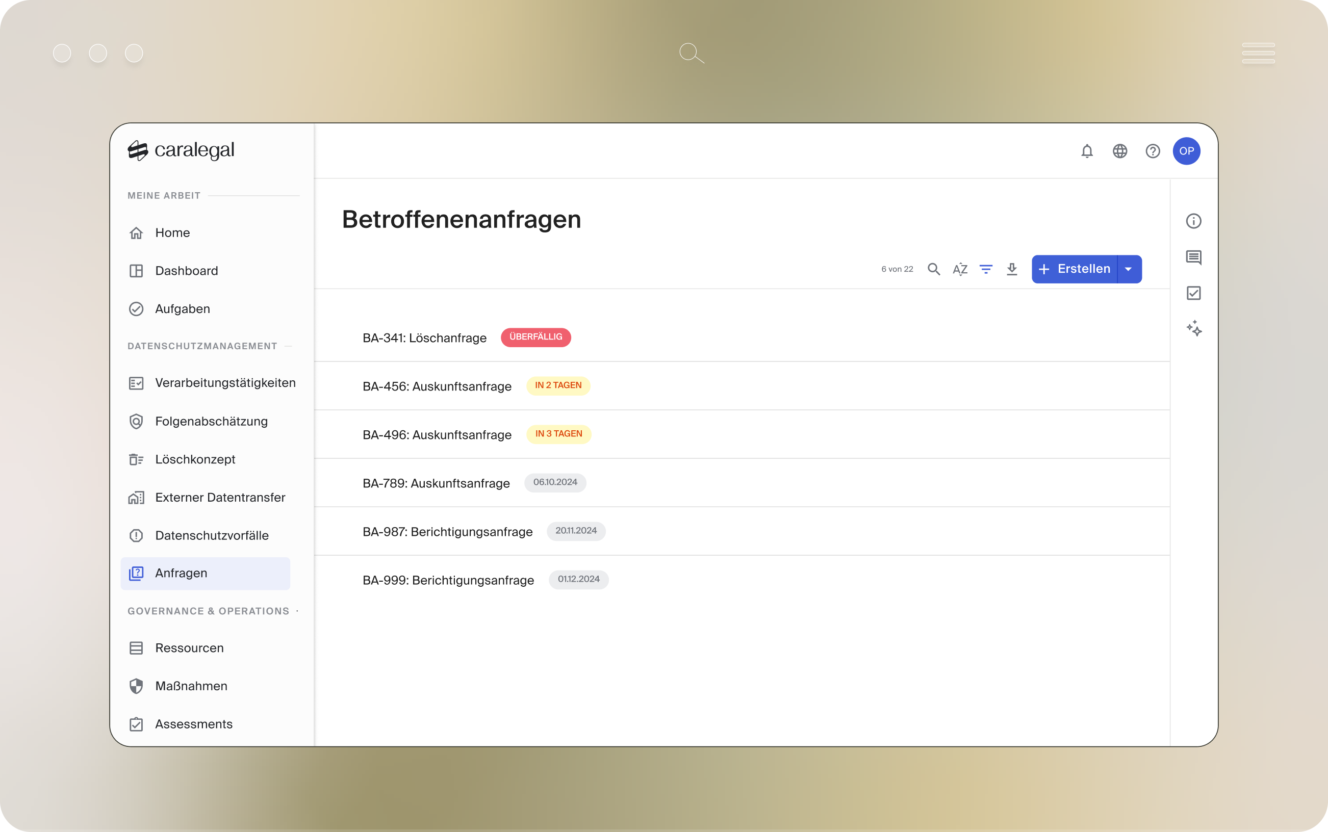 Screenshot der caralegal Software-Oberfläche mit Betroffenenanfragen-Liste im Datenschutzmanagement, zeigt verschiedene Anfragen mit Status-Labels wie überfällig, in 2 Tagen und Fälligkeitsdaten