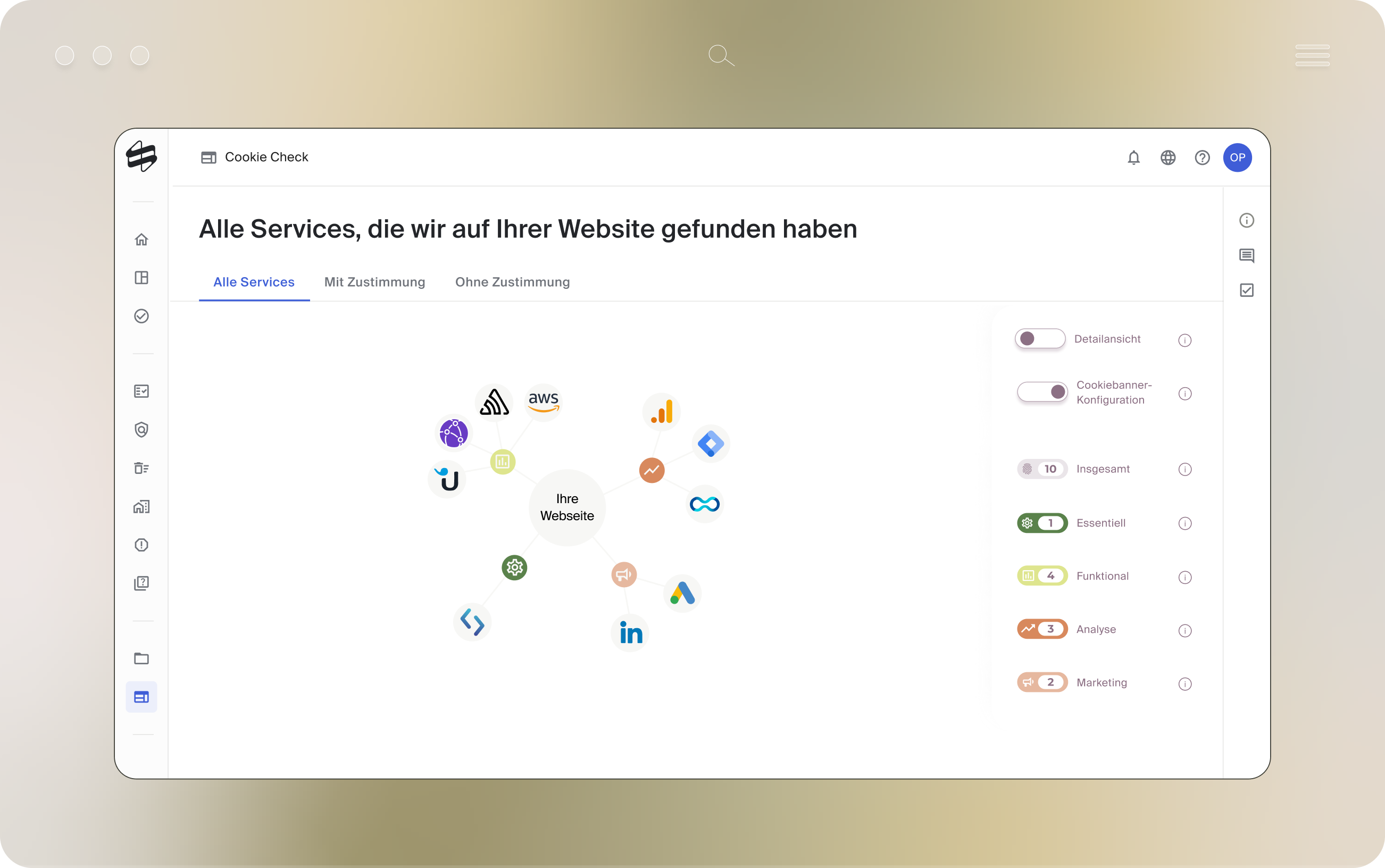 caralegal Cookie Check Dashboard zeigt alle auf der Website gefundenen Services mit Logos von AWS, Google Analytics, LinkedIn und anderen Diensten, rechts Kategorisierung nach Essentiell, Funktional, Analyse und Marketing mit Anzahl-Badges