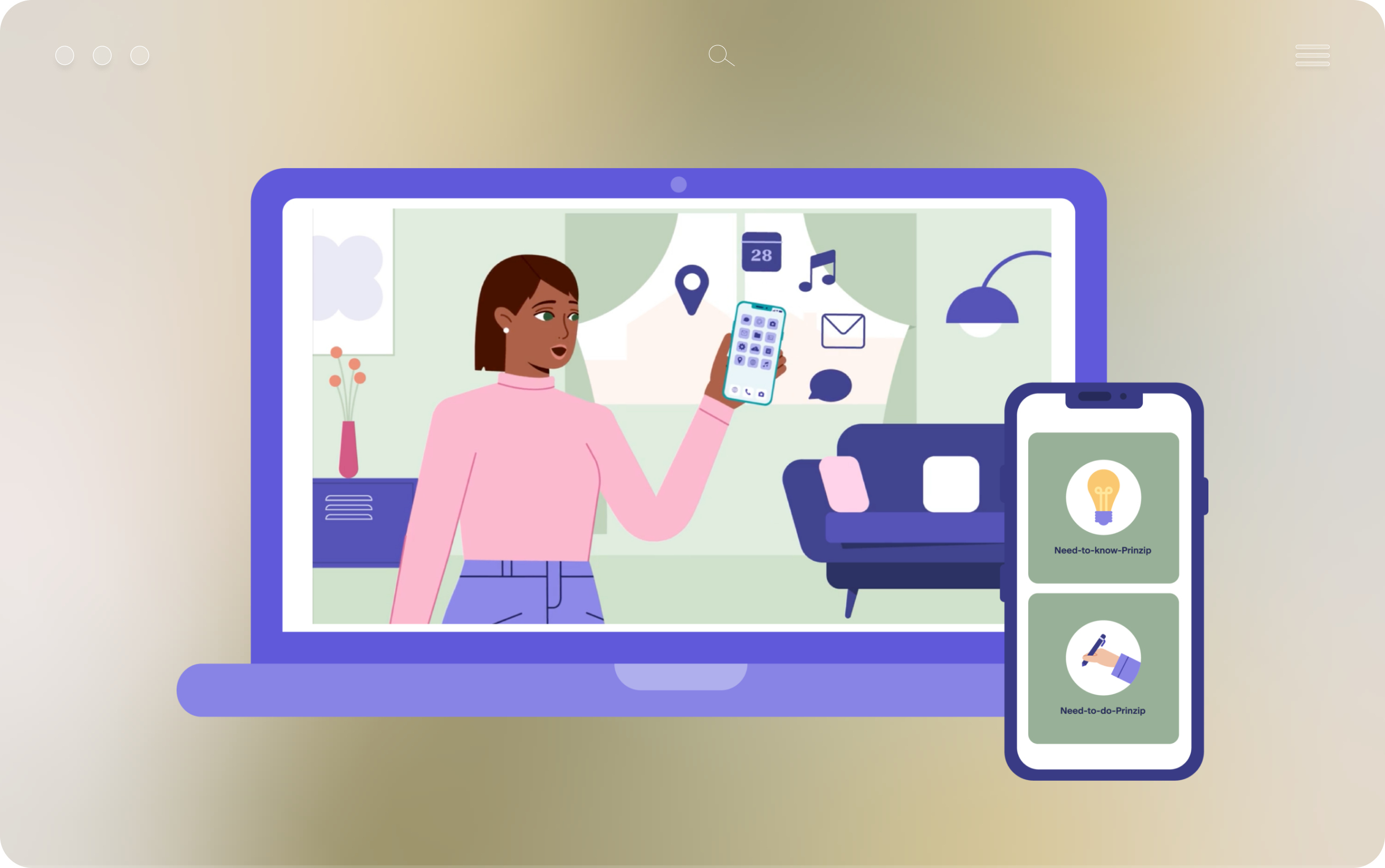 Illustration zeigt Frau mit Smartphone auf Laptop-Bildschirm, umgeben von App-Icons wie Kalender, Standort, Musik und E-Mail, neben Smartphone mit Need-to-know-Prinzip und Need-to-do-Prinzip Karten