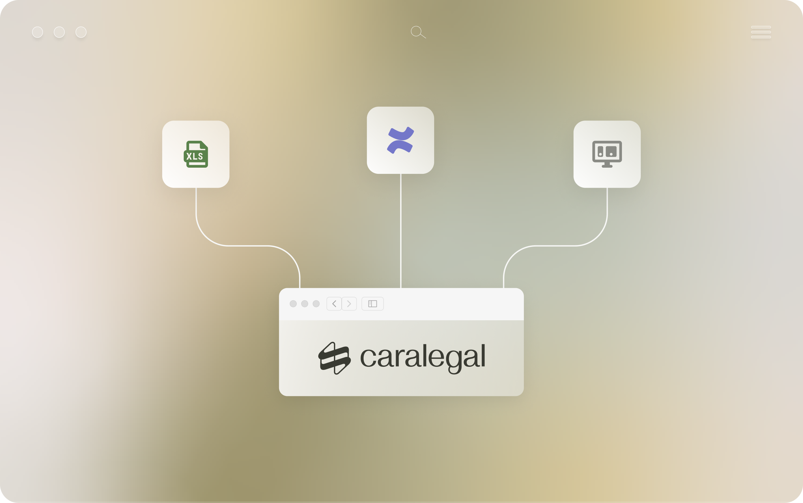 caralegal Integrationen Illustration mit drei verbundenen Icons - Excel-Tabelle, Confluence-Symbol und Präsentations-Monitor - die mit dem caralegal Browser-Fenster verknüpft sind