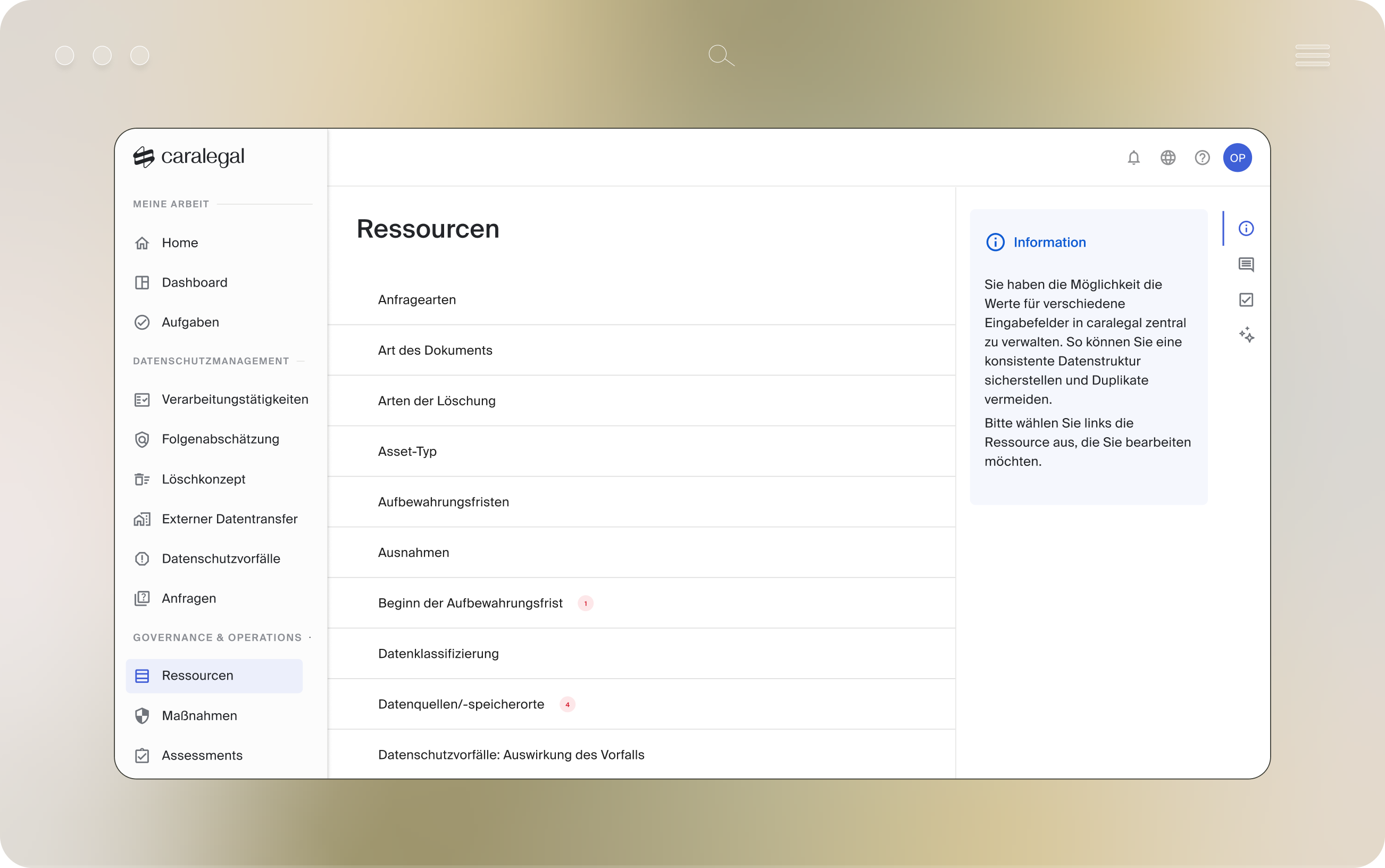 caralegal Ressourcen-Verwaltung mit Liste von Eingabefeldern wie Anfragearten, Art des Dokuments, Arten der Löschung, Asset-Typ, Aufbewahrungsfristen, Ausnahmen und Datenklassifizierung, rechts Informationsfeld zur zentralen Datenverwaltung
