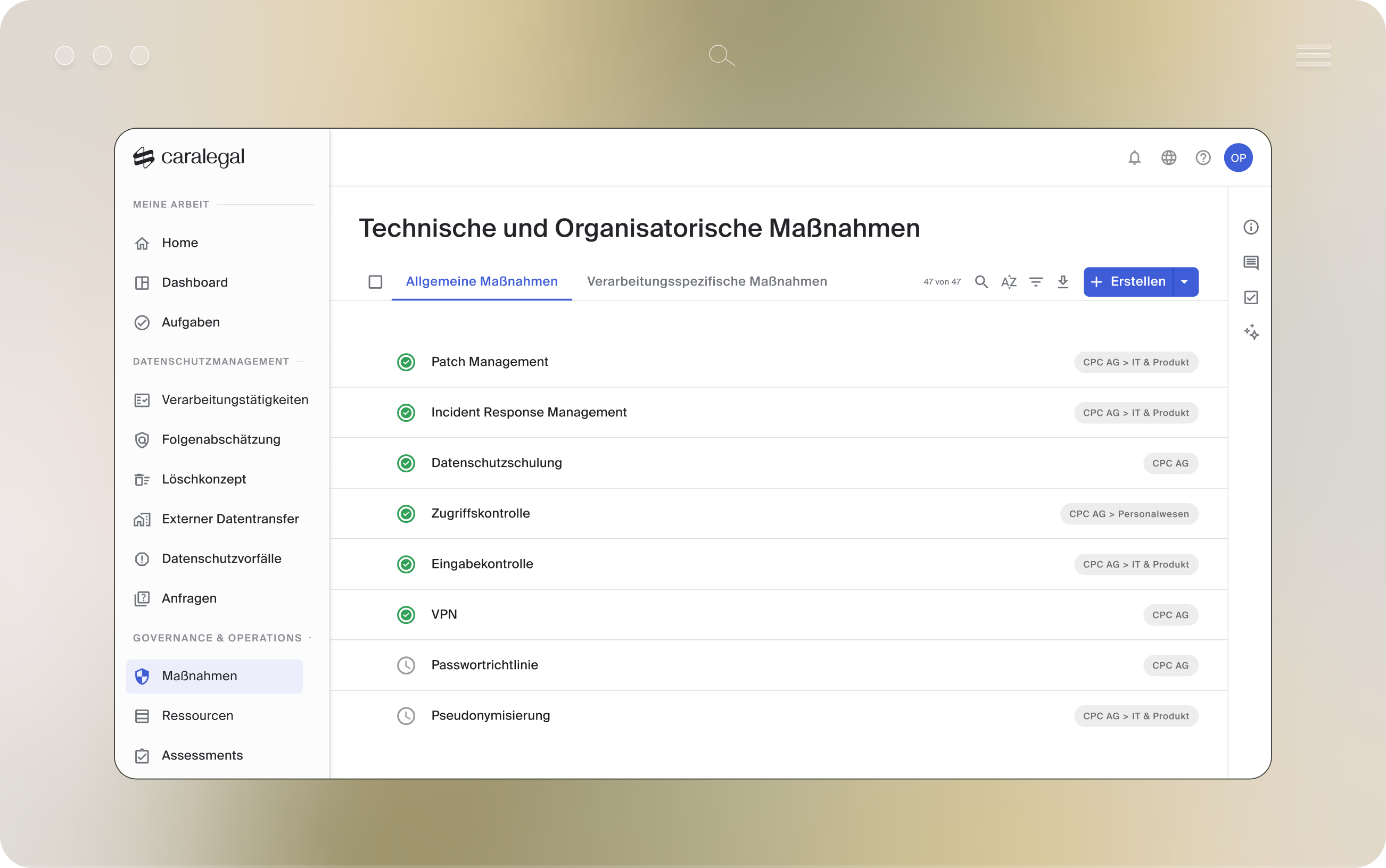 caralegal Software Technische und Organisatorische Maßnahmen Übersicht mit allgemeinen Maßnahmen wie Patch Management, Incident Response, Datenschutzschulung, Zugriffskontrolle, Eingabekontrolle und VPN mit Status-Symbolen und CPC-AG-Labels