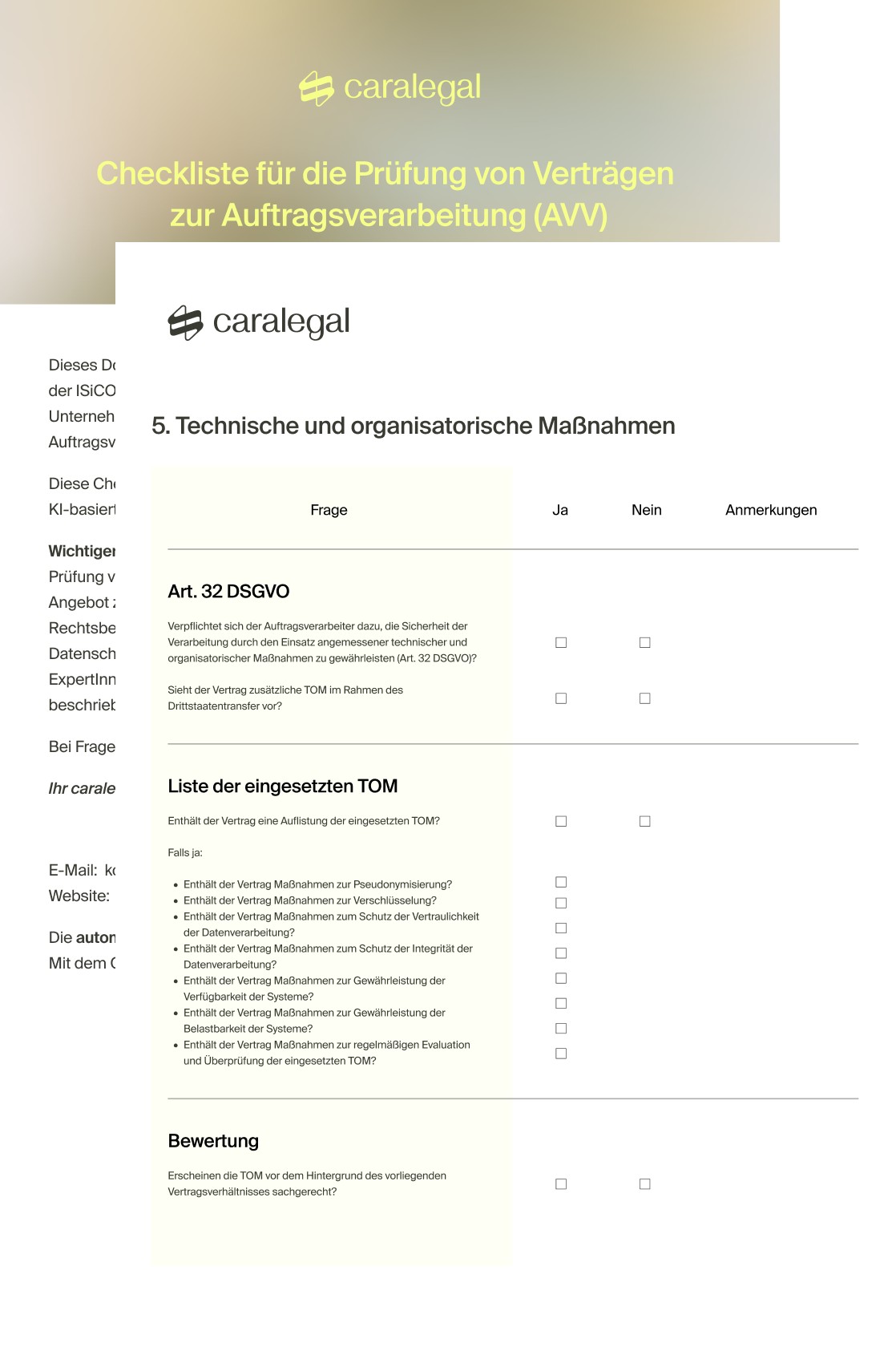 caralegal Checkliste für AVV-Prüfung zeigt Abschnitt Technische und organisatorische Maßnahmen mit Fragen zu Art. 32 DSGVO, Liste der eingesetzten TOM und Bewertung, Spalten für Ja, Nein und Anmerkungen
