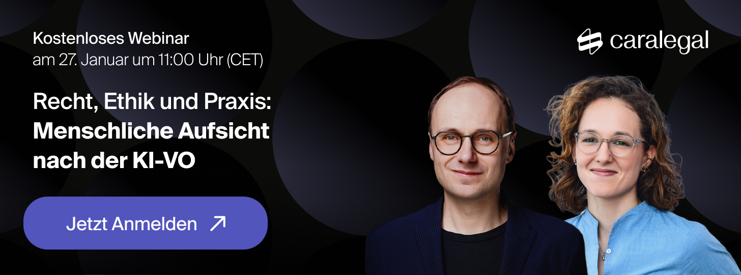 Hinweis auf kostenloses Webinar zu rechtlichen Aspekten menschlicher Aufsicht nach der KI-VO am 27. Januar.