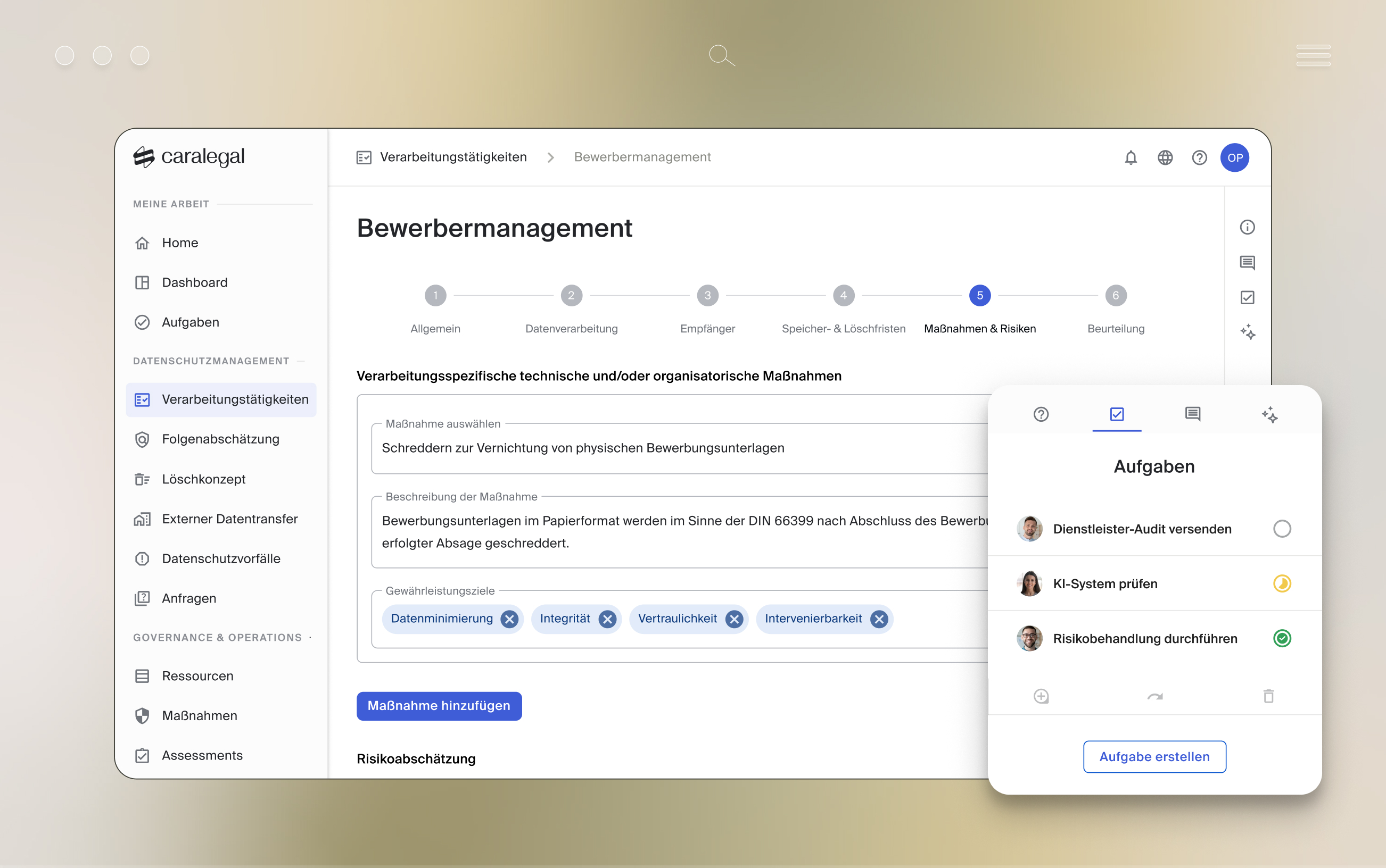 Workflow für Bewerbermanagement mit Maßnahmen und Aufgaben im Datenschutzmanagement von caralegal