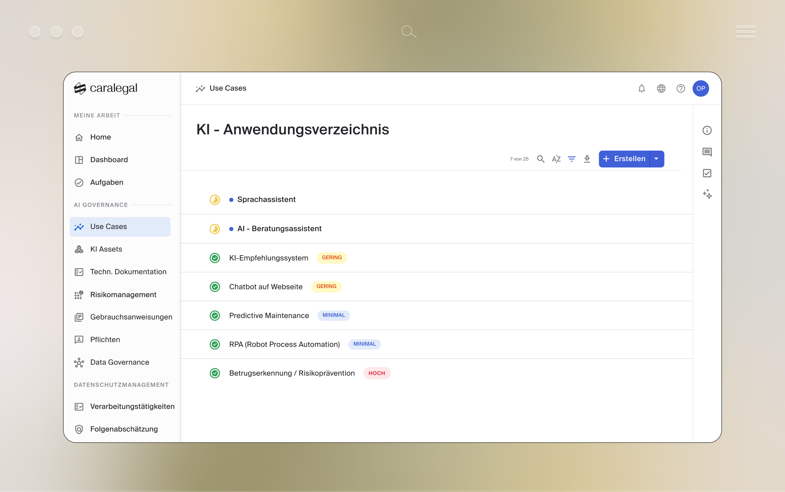 Übersicht der KI-Anwendungsfälle mit verschiedenen Anwendungsbeispielen und Risikokategorisierungen.