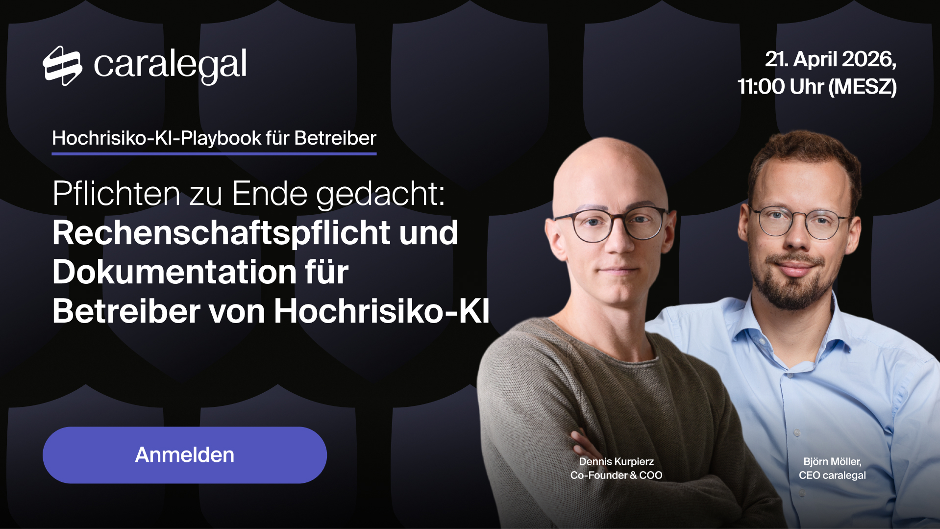 Webinar-Ankündigung zu Pflichten im Umgang mit KI mit Dennis Kurpierz und Björn Möller am 21. April 2026.