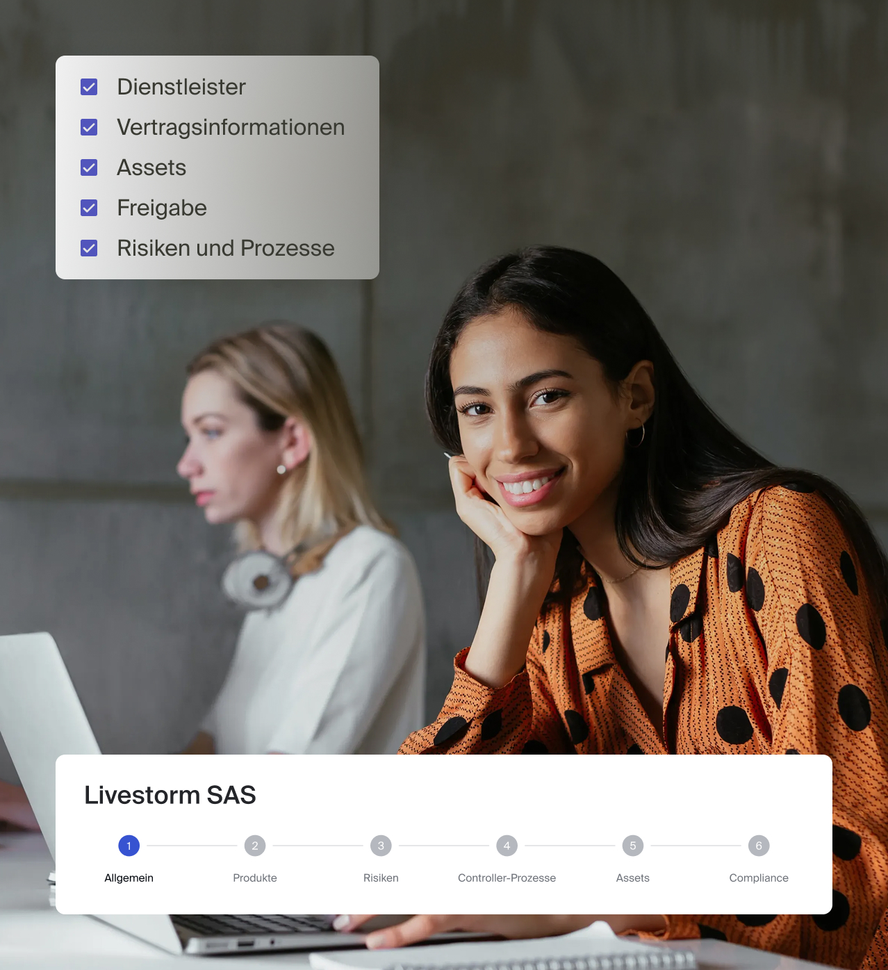 Person bearbeitet Lieferanten-Assessment mit Vertrag, Risiken und Freigabe