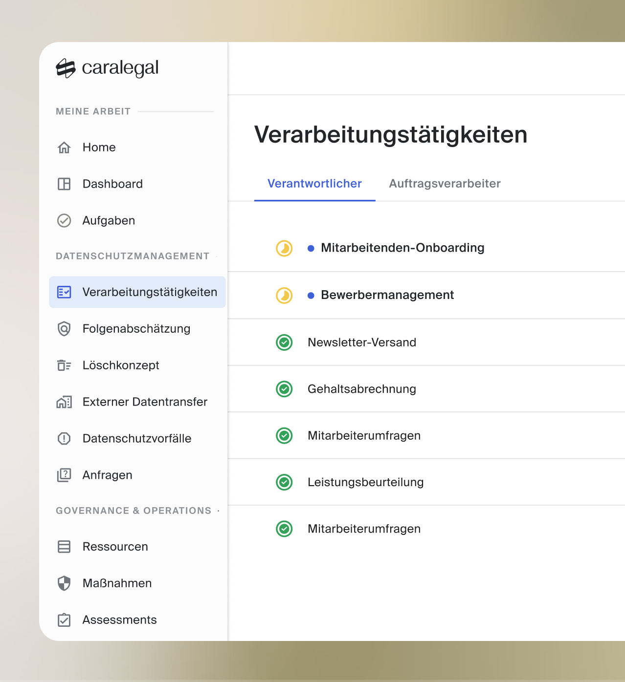 caralegal Übersicht der Verarbeitungstätigkeiten nach Verantwortlichem